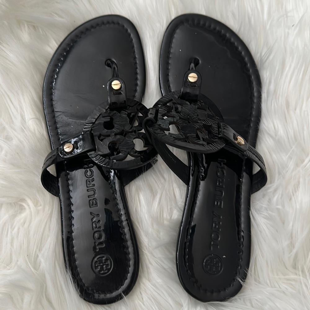 Tory Burch Miller Sandals (Patent Black, Size 8)